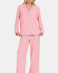 Zenana Button Down Long Sleeve Top and Pants Lounge Set