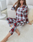 Plaid Button Front Top and Pants Lounge Set