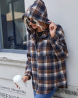 Dark Slate Gray Plaid Button Up Long Sleeve Hooded Jacket