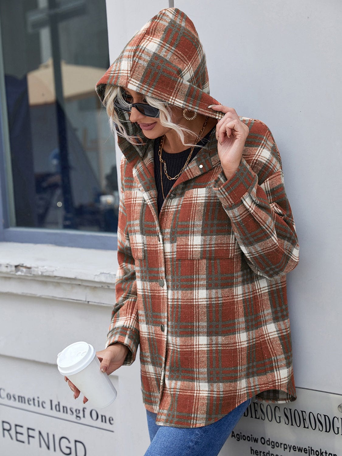 Gray Plaid Button Up Long Sleeve Hooded Jacket