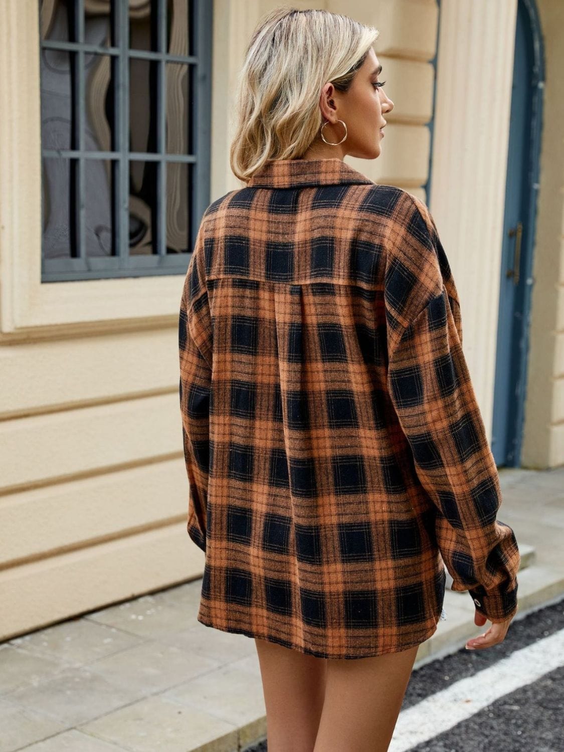 Tan Plaid Collared Neck Long Sleeve Shirt