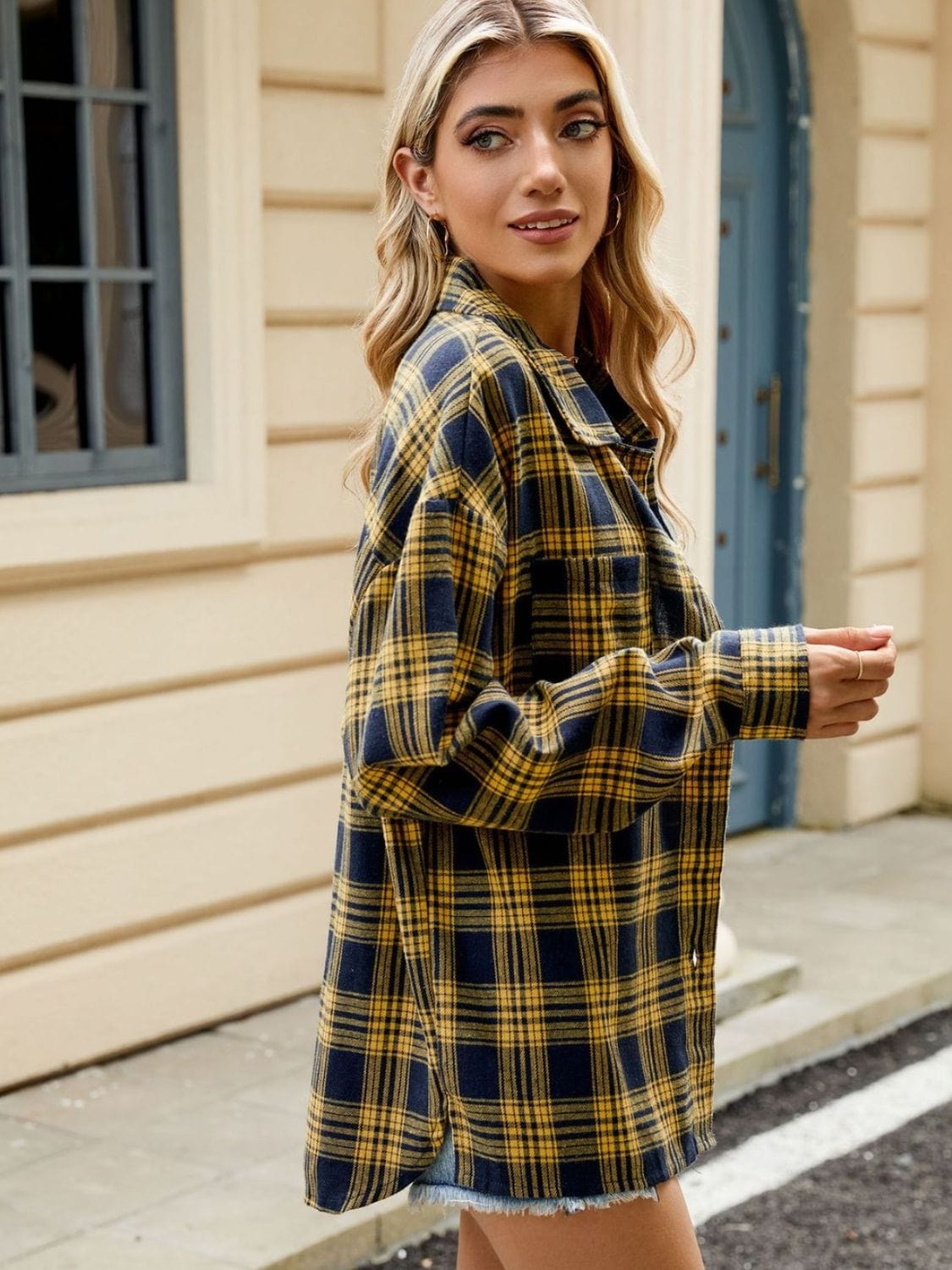 Tan Plaid Collared Neck Long Sleeve Shirt