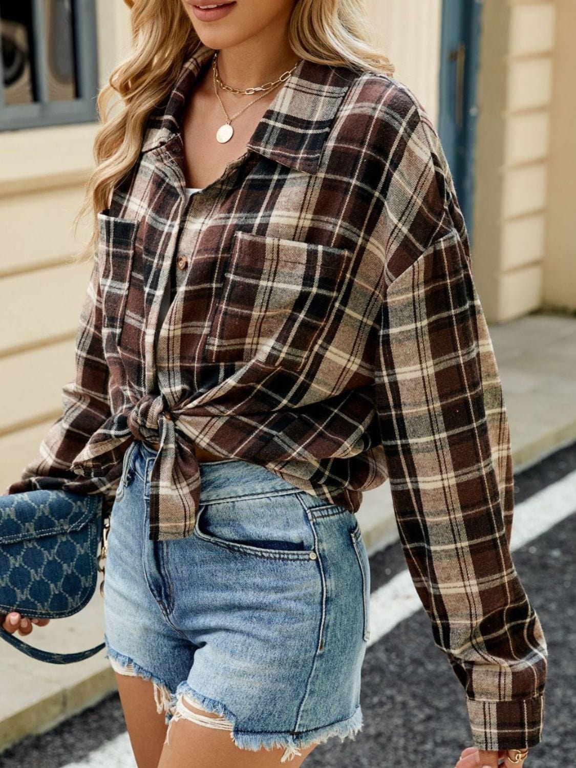 Dark Slate Gray Plaid Collared Neck Long Sleeve Shirt