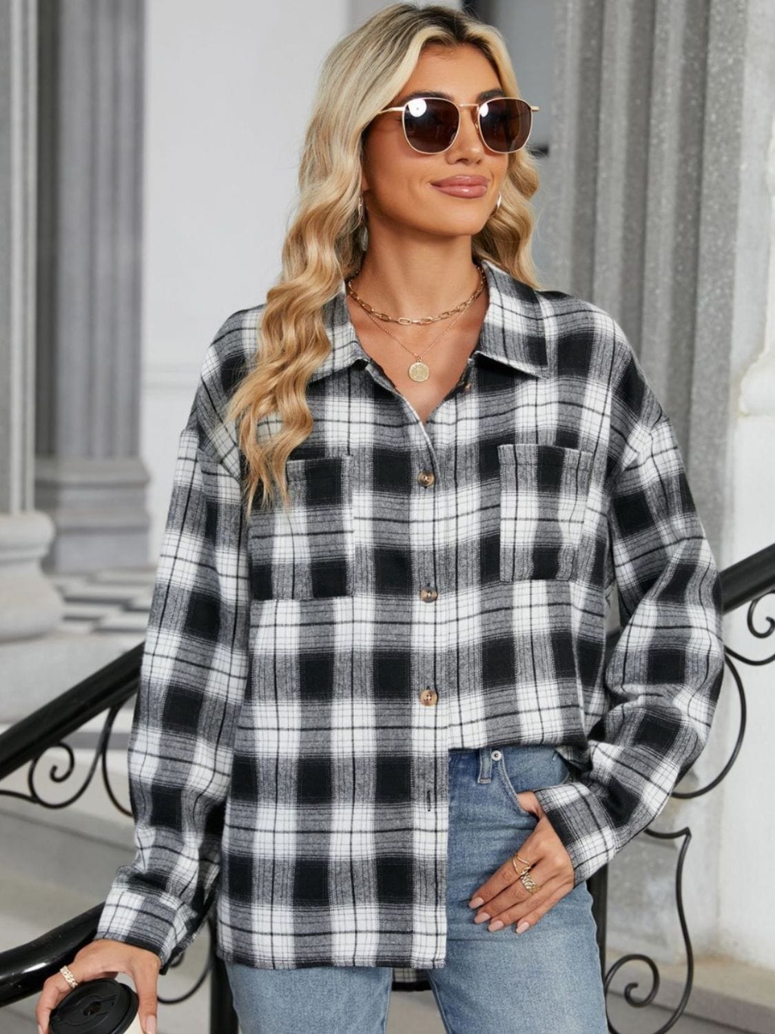 Light Slate Gray Plaid Collared Neck Long Sleeve Shirt