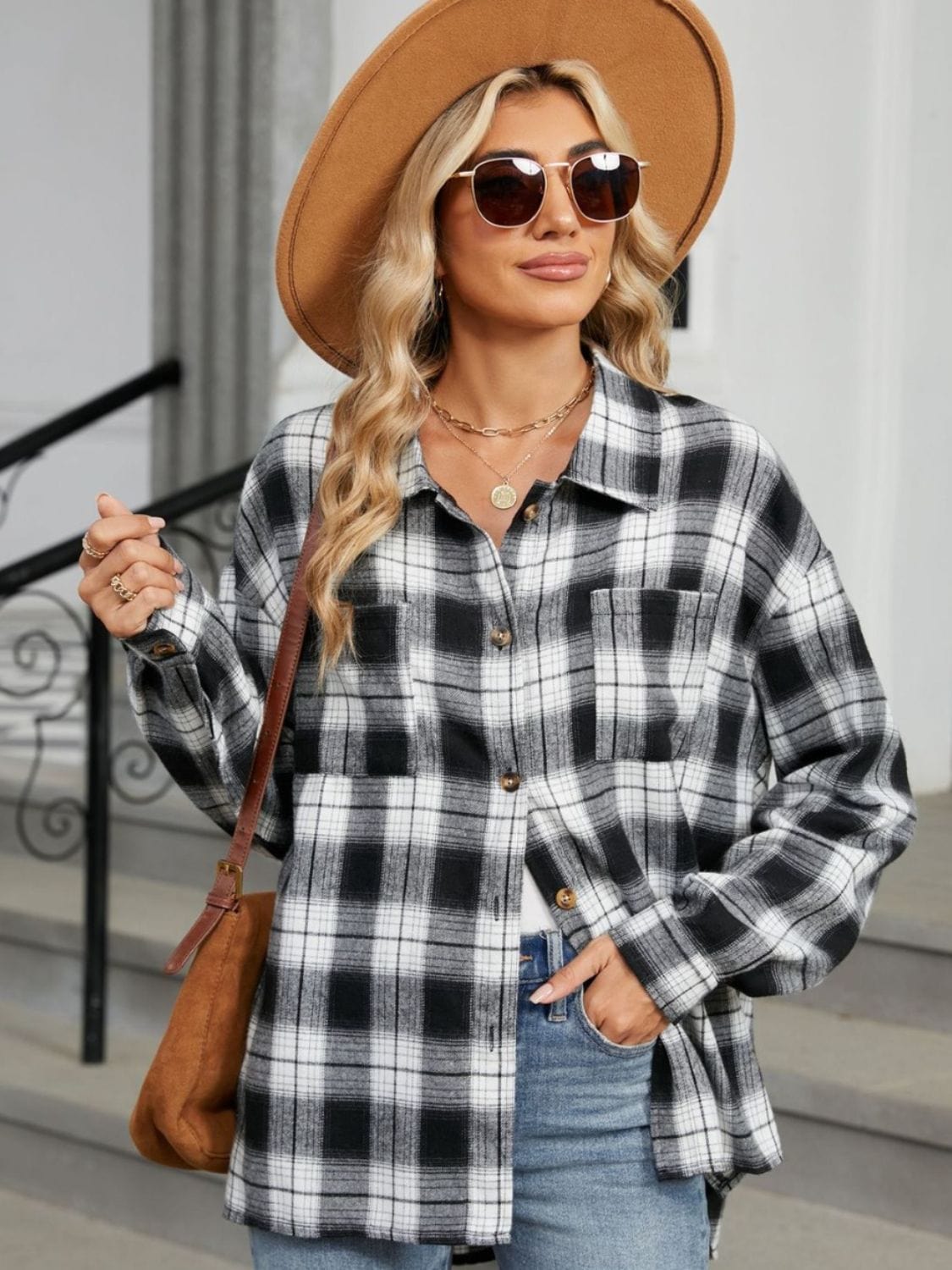 Light Slate Gray Plaid Collared Neck Long Sleeve Shirt