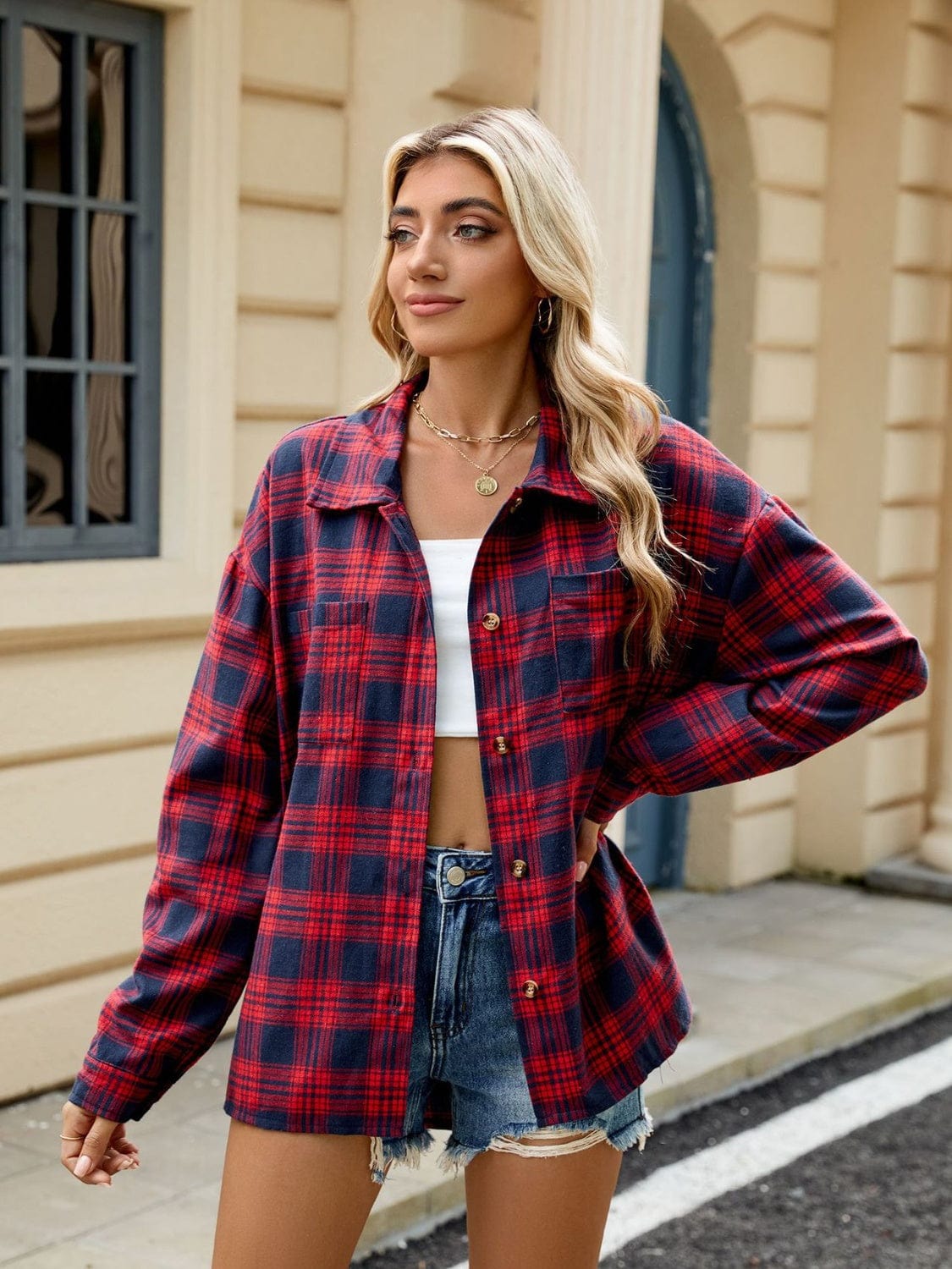 Rosy Brown Plaid Collared Neck Long Sleeve Shirt