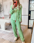 Plaid Collared Neck Long Sleeve Top and Pants Set