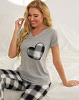 Plaid Heart Tee and Pants Lounge Set with Pockets