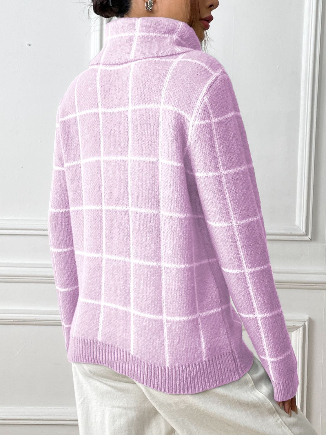 Light Gray Plaid Turtleneck Long Sleeve Sweater