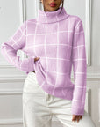 Light Gray Plaid Turtleneck Long Sleeve Sweater