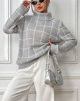 Gray Plaid Turtleneck Long Sleeve Sweater