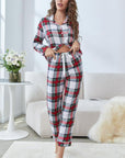 Plaid Button Front Top and Pants Lounge Set