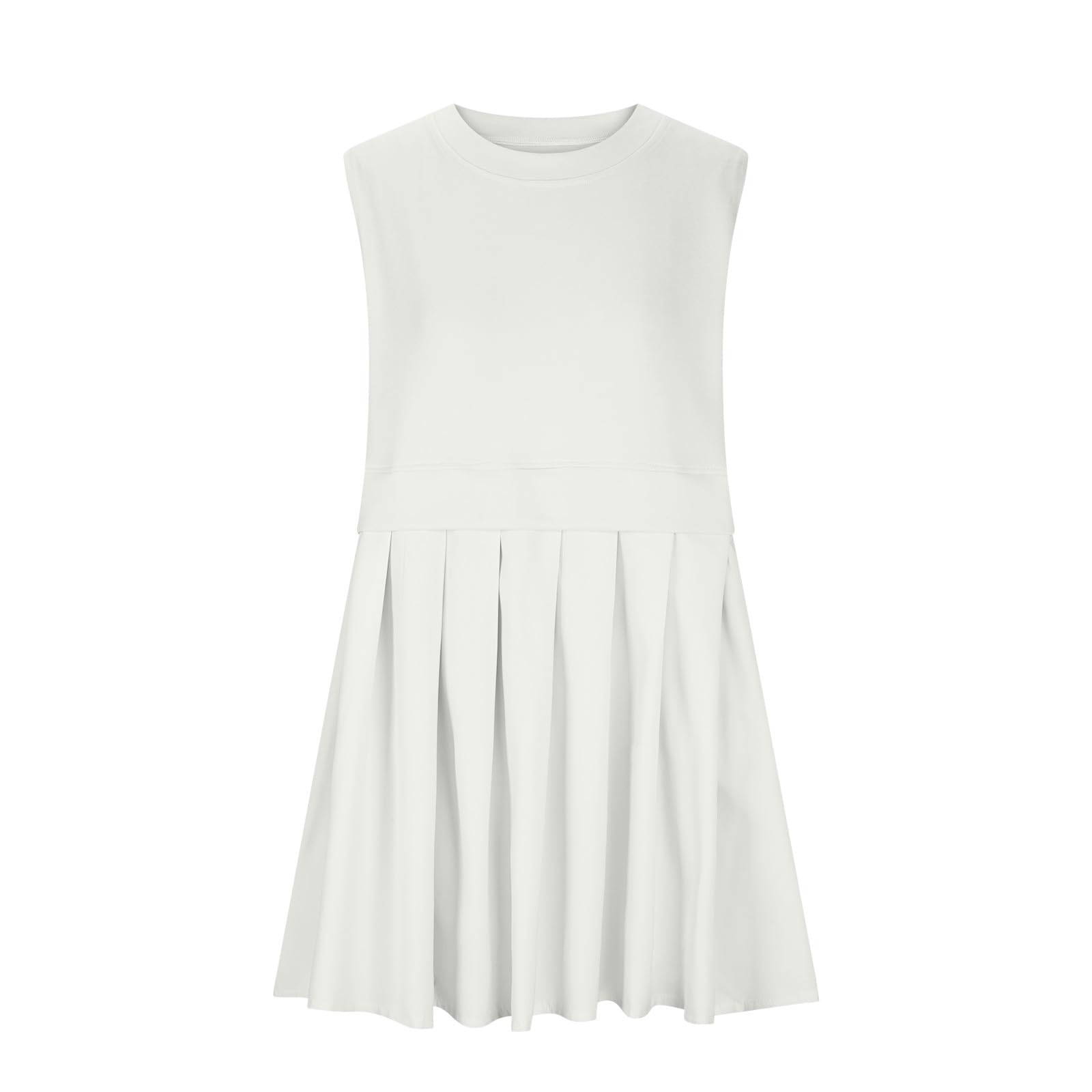 Beige Pleated Round Neck Sleeveless Mini Dress