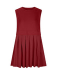 Dark Red Pleated Round Neck Sleeveless Mini Dress