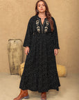 Plus Size Embroidered Polka Dot Notched Long Sleeve Dress