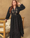 Plus Size Embroidered Polka Dot Notched Long Sleeve Dress