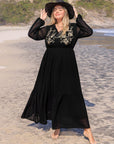 Plus Size Embroidered Tie Neck Long Sleeve Dress