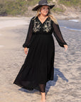 Plus Size Embroidered Tie Neck Long Sleeve Dress