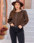 Plus Size Lace Detail Round Neck Long Sleeve Blouse