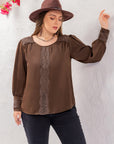 Plus Size Lace Detail Round Neck Long Sleeve Blouse