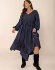 Plus Size Lace Detail Tie Neck Long Sleeve Midi Dress