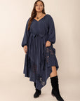 Plus Size Lace Detail Tie Neck Long Sleeve Midi Dress