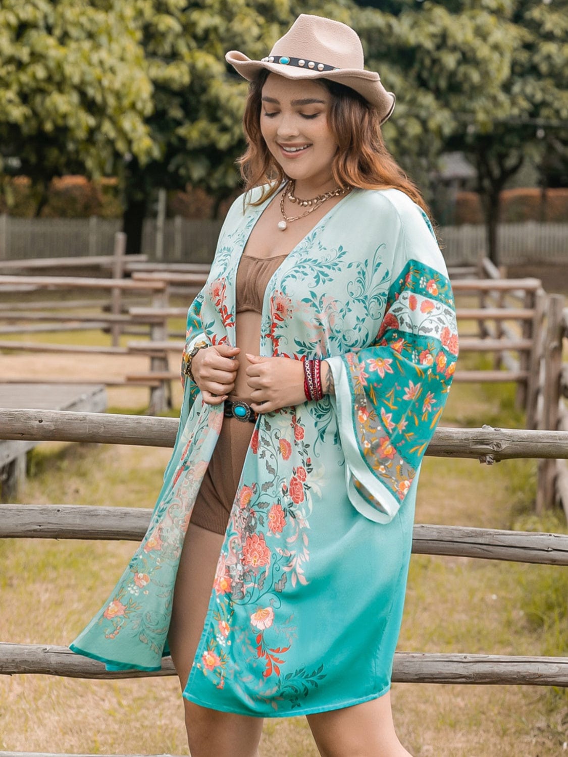 Dim Gray Plus Size Printed Open Front Long Sleeve Cover Up