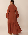 Plus Size Ruffled Notched Long Sleeve Midi Dress