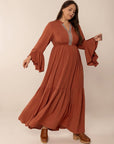 Plus Size Ruffled Notched Long Sleeve Midi Dress