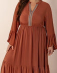 Plus Size Ruffled Notched Long Sleeve Midi Dress