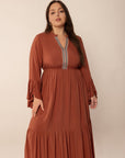 Plus Size Ruffled Notched Long Sleeve Midi Dress