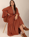 Plus Size Ruffled Notched Long Sleeve Midi Dress