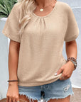 Tan Plus Size Textured Lace Round Neck Short Sleeve T-Shirt