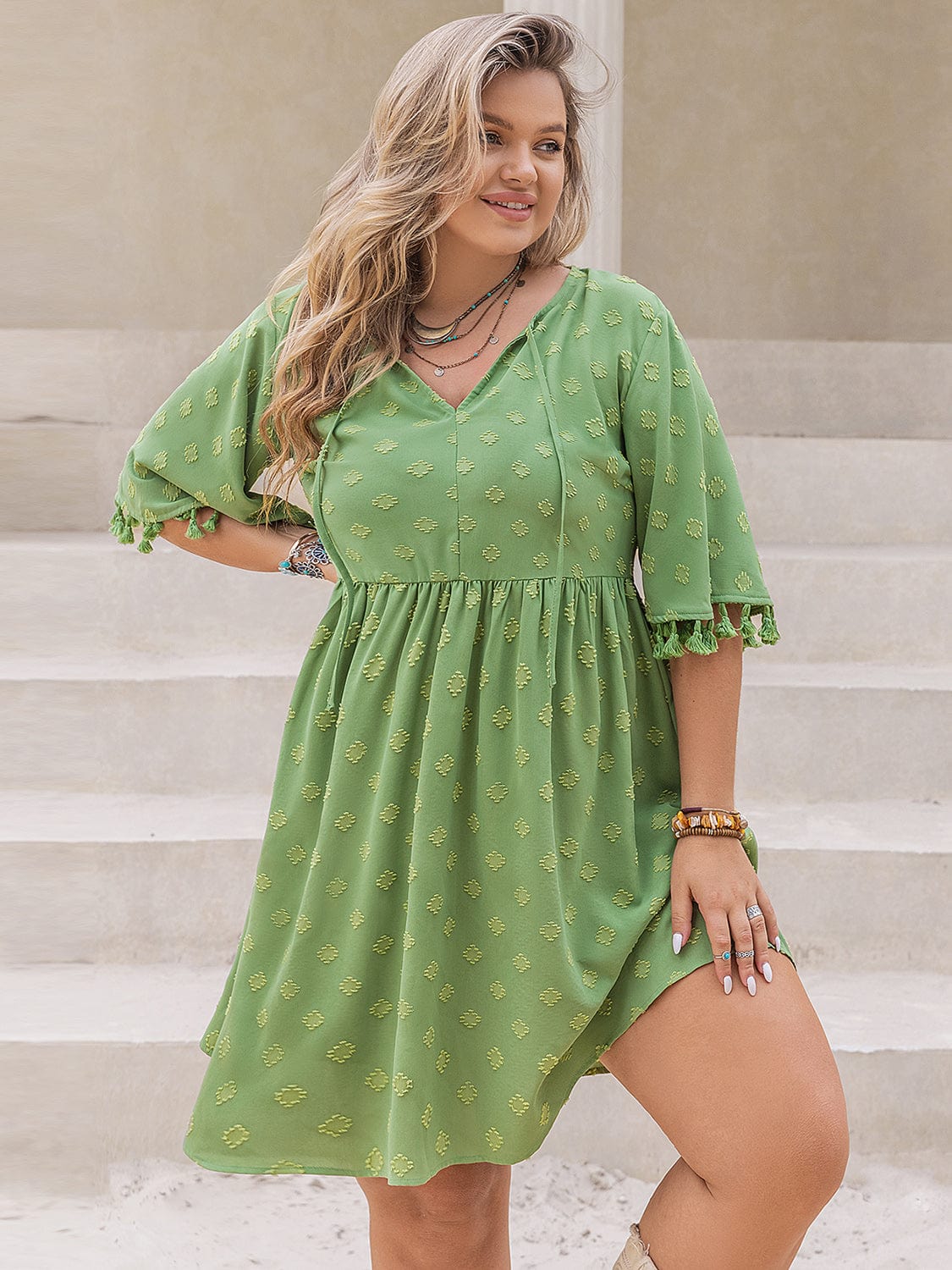 Dark Gray Plus Size Tied Tassel Half Sleeve Mini Dress