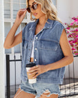 Pocketed Button Up Sleeveless Denim Jacket