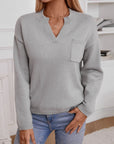 Pocketed Notched Long Sleeve Knit Top