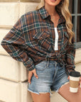 Pocketed Plaid Collared Neck Long Sleeve Shirt