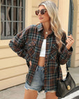 Pocketed Plaid Collared Neck Long Sleeve Shirt