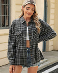 Pocketed Plaid Collared Neck Long Sleeve Shirt