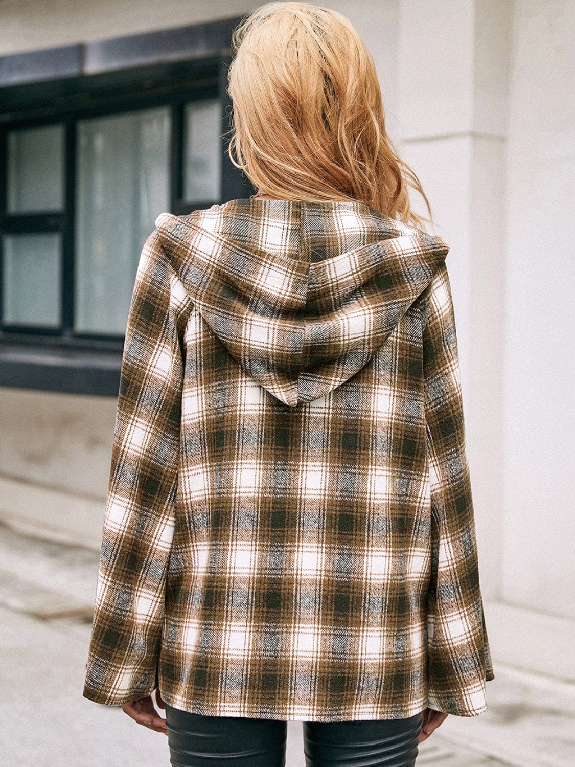 Gray Pocketed Plaid Long Sleeve Hooded Jacket