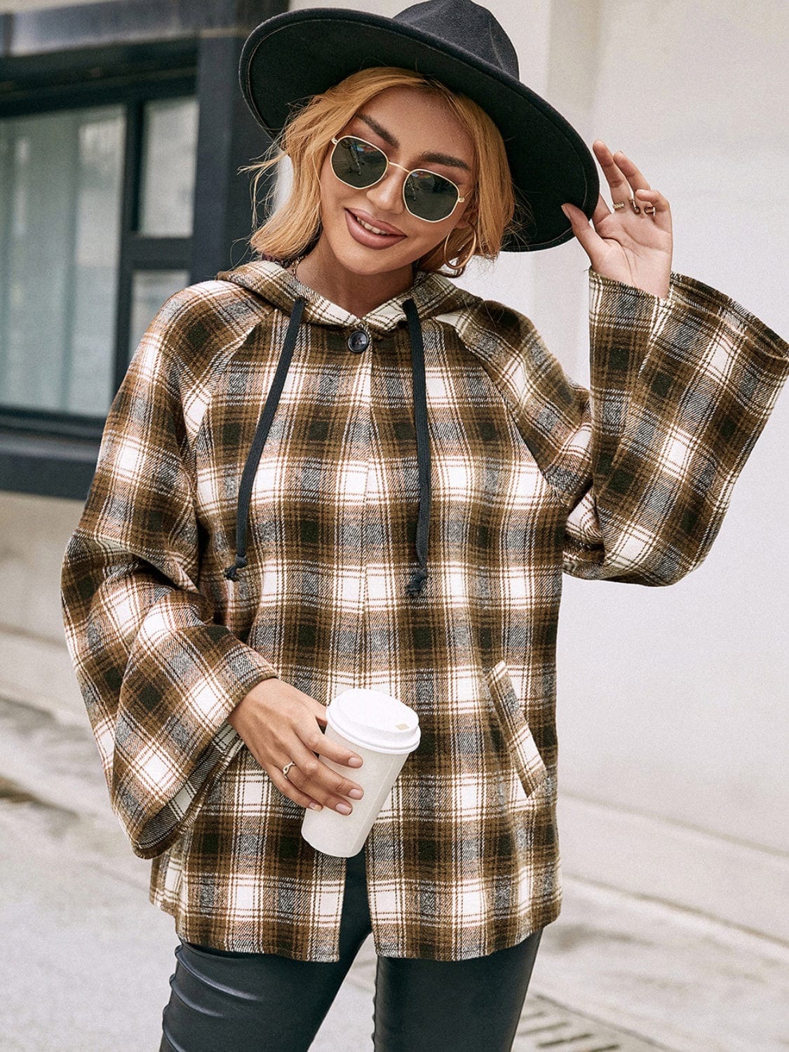 Gray Pocketed Plaid Long Sleeve Hooded Jacket