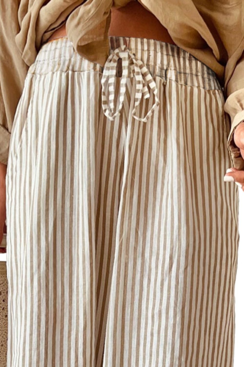 Rosy Brown Pocketed Striped Wide Leg Pants