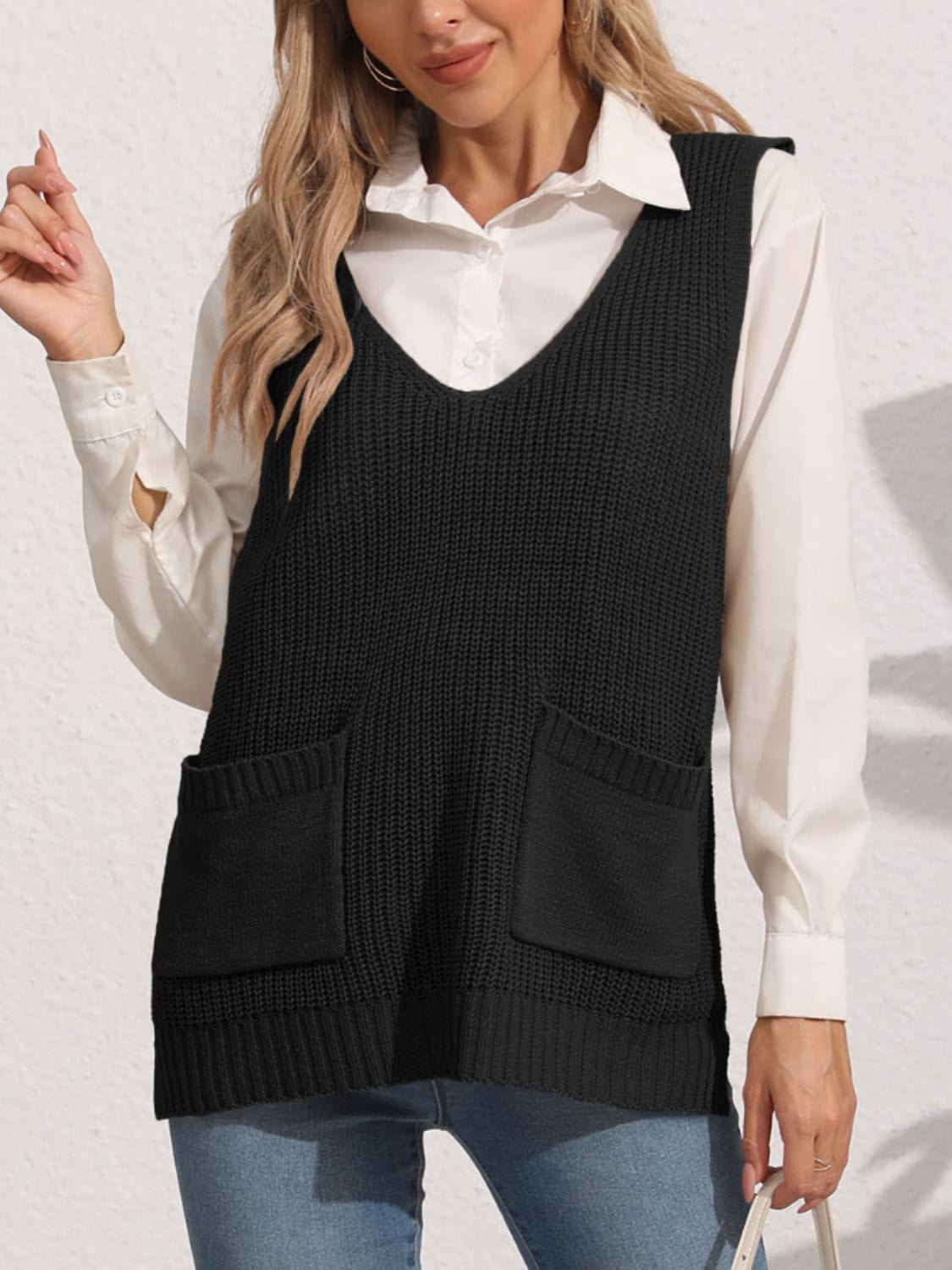 Black Pocketed V-Neck Sweater Vest