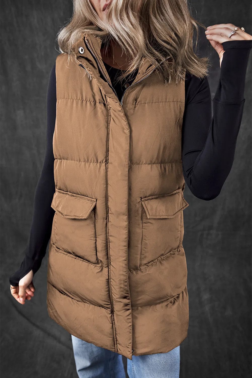 Dark Slate Gray Pocketed Zip Up Vest Coat