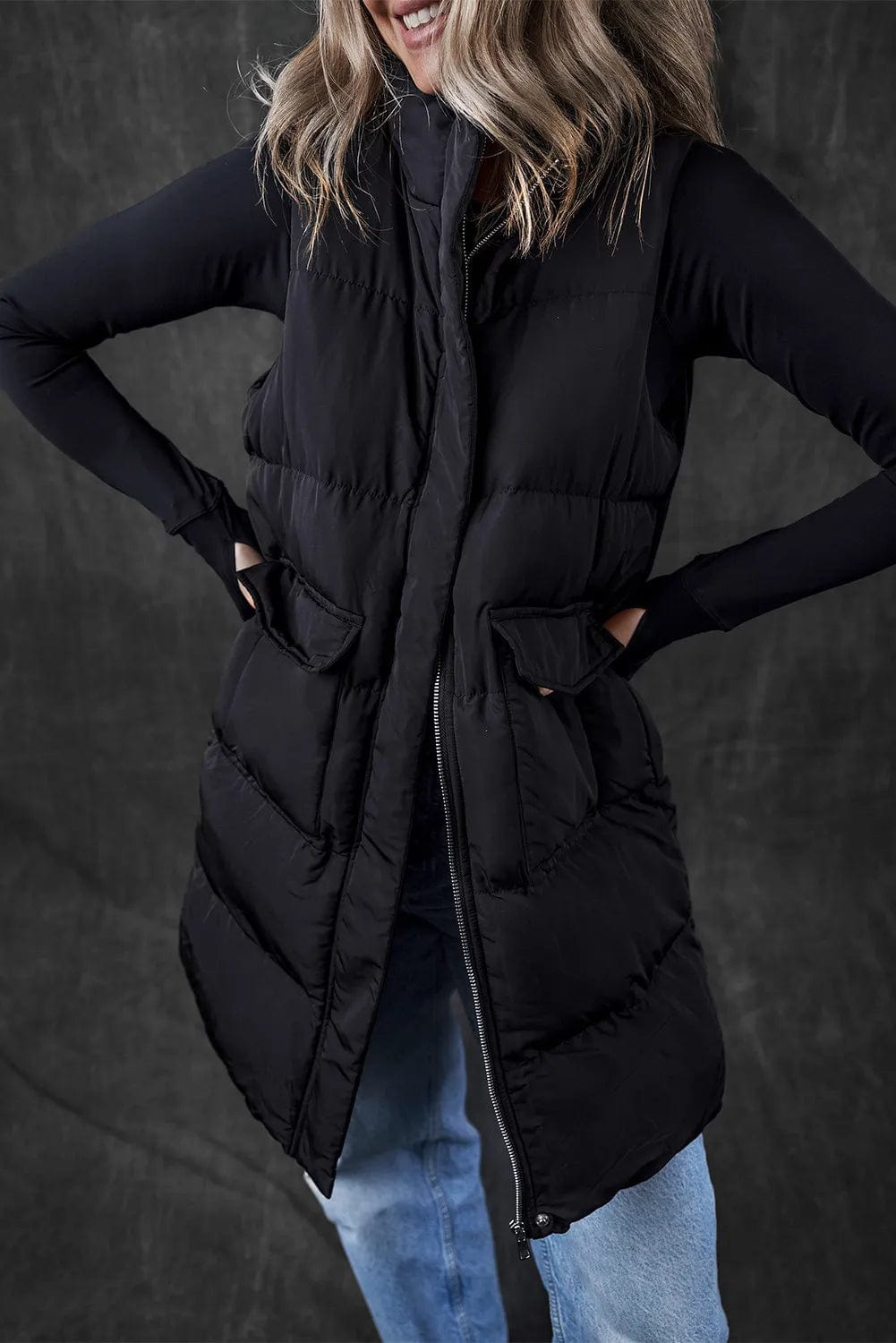 Dark Slate Gray Pocketed Zip Up Vest Coat