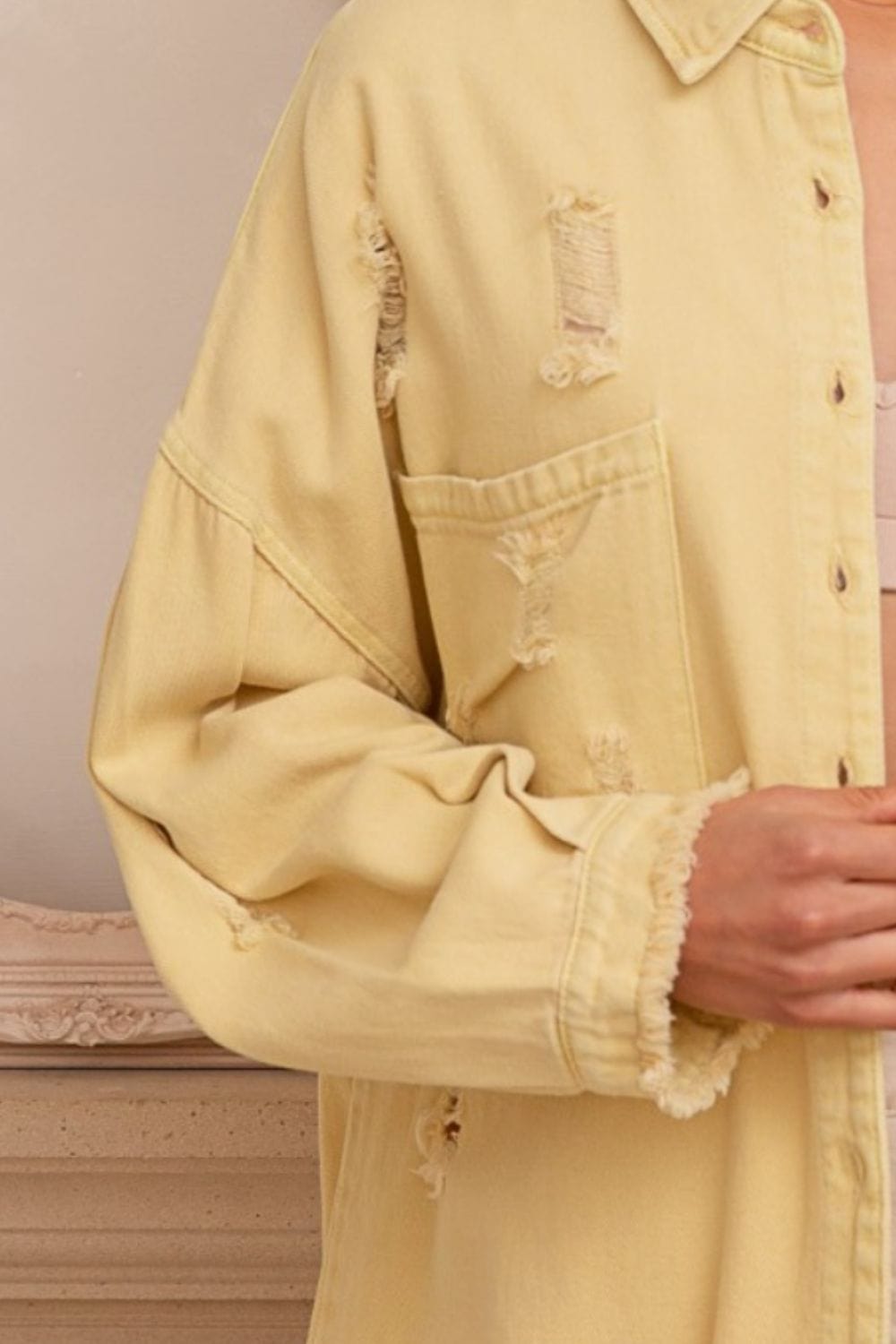 Tan POL Button Down Raw Hem Distressed Shacket