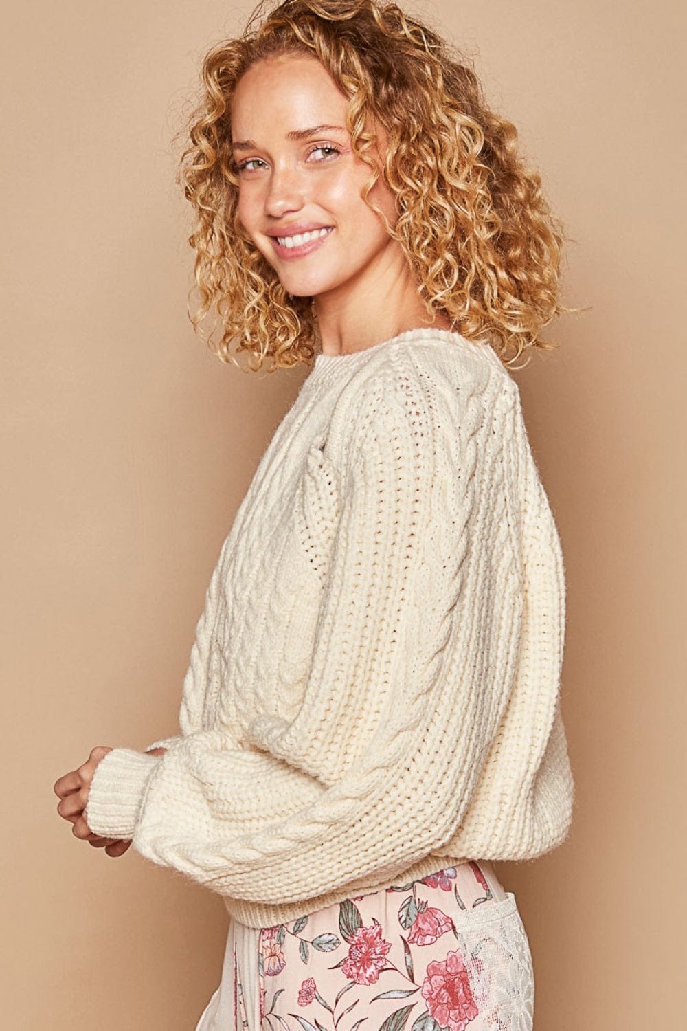 Tan POL Cable Knit Cutout Long Sleeve Sweater