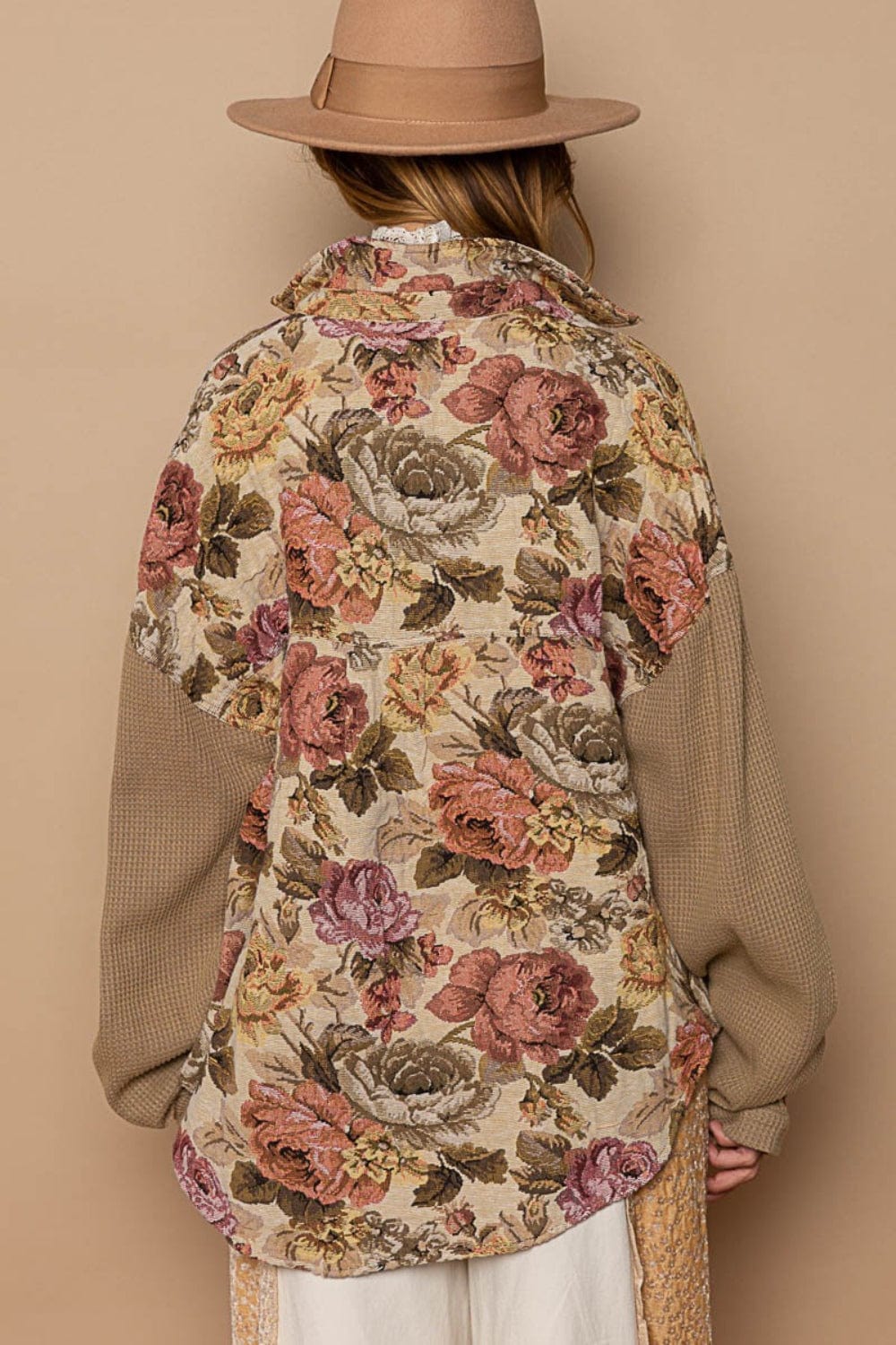 Rosy Brown POL Contrast Sleeves Button Down Floral Jacquard Shirt