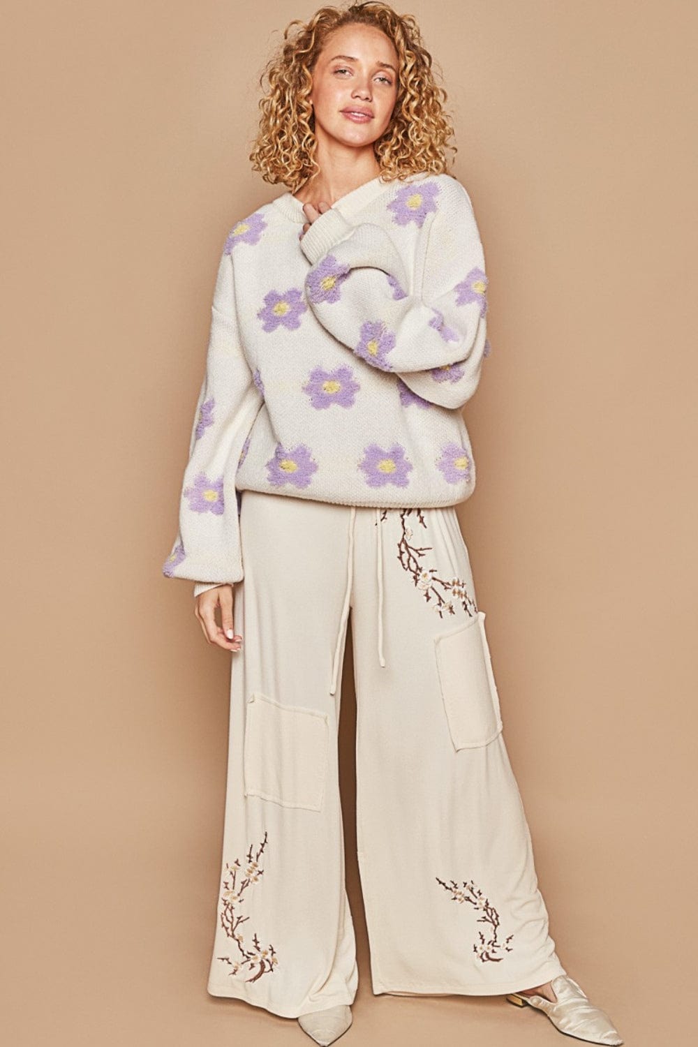 Tan POL Daisy Pattern Drop Shoulder Sweater