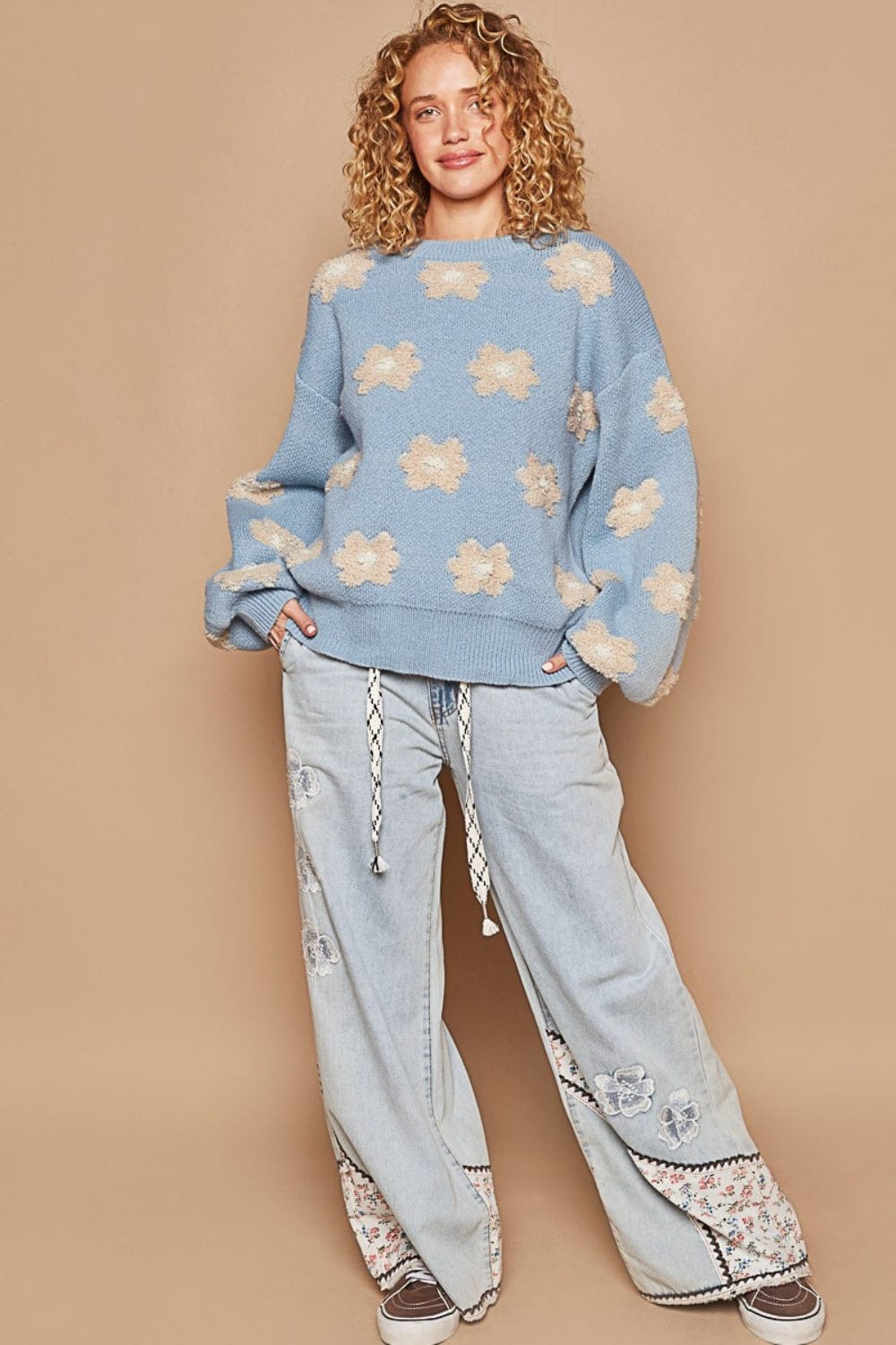 Tan POL Daisy Pattern Drop Shoulder Sweater